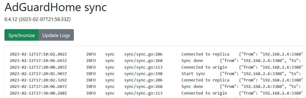 adguardhome-sync logs on the web UI